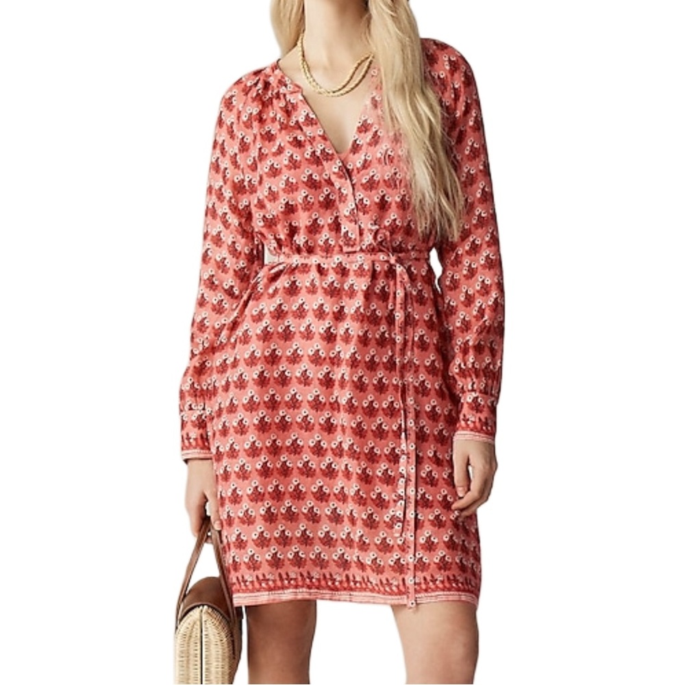 J. Crew Coral Floral Wrap-Style Long-Sleeve Dress
